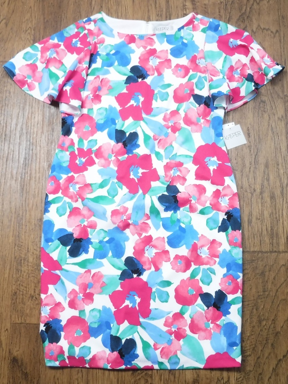 KASPER Lily White Multi Color Floral Boat Neck Short Sleeve Dress